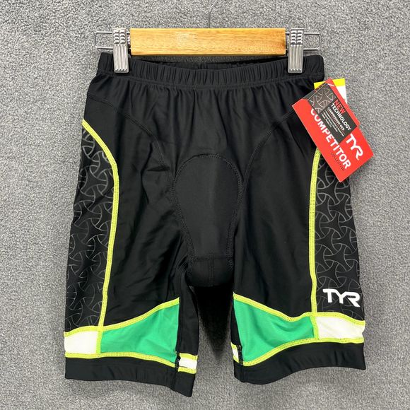 TYR Competitor 9 Inch Tri Short Mens XS Triathlon Padded Grippers Black Green - Picture 1 of 16